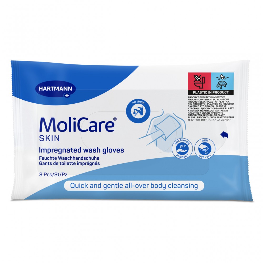 Εμποτισμένα Γάντια Καθαρισμού MoliCare® Skin. Συσκευασία 8 Γαντιών για Ολοκληρωμένο Μπάνιο Χωρίς τη Χρήση Νερού. 995074. 