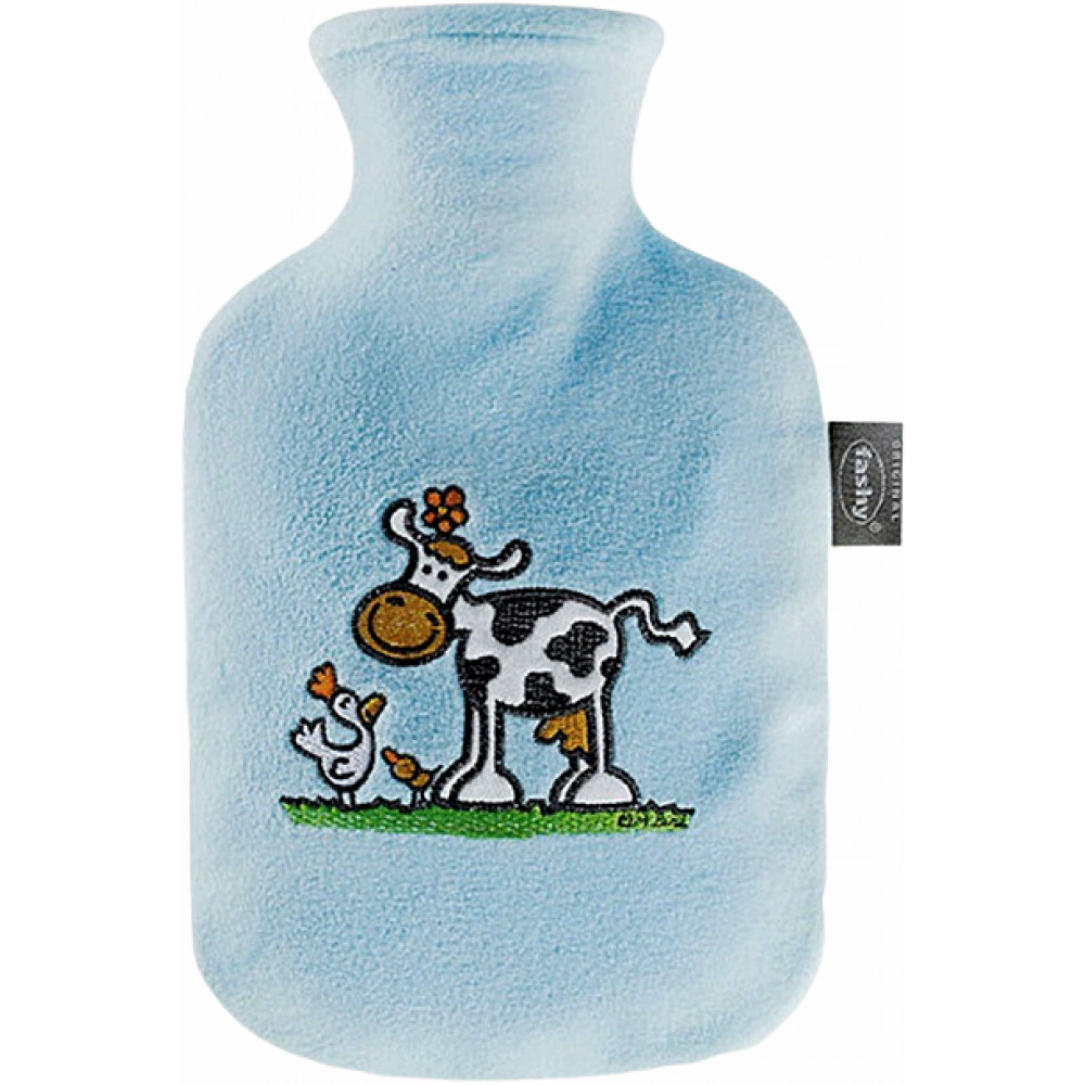 Παιδική Θερμοφόρα Νερού FASHY 0,8 Λίτρων με Γαλάζιο Κάλυμμα Fleece και Κέντημα Αγελαδίτσα. 6505 53.