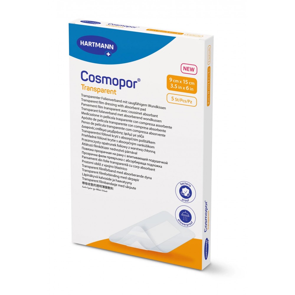 Cosmopor® Τransparent Διαφανές Επίθεμα-Μεμβράνη με Απορροφητική Στρώση Εκκρίσεων Τραύματος. 9x15cm. 5Τεμάχια. 9010540.  