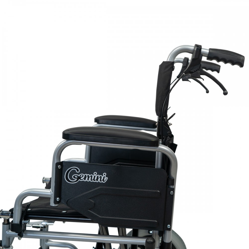 Aναπηρικό Αμαξίδιο Μονής Σταυρωτής Μπάρας Στήριξης GEMINI με Σπαστή Πλάτη, Κάθισμα Πλάτους 40cm & Οπίσθιο Τροχό 12". Ασημί. 0811307.