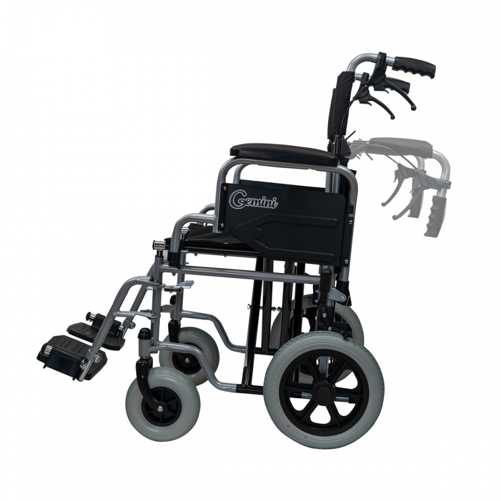 Aναπηρικό Αμαξίδιο Μονής Σταυρωτής Μπάρας Στήριξης GEMINI με Σπαστή Πλάτη, Κάθισμα Πλάτους 40cm & Οπίσθιο Τροχό 12". Ασημί. 0811307.