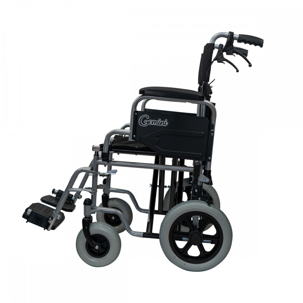 Aναπηρικό Αμαξίδιο Μονής Σταυρωτής Μπάρας Στήριξης GEMINI με Σπαστή Πλάτη, Κάθισμα Πλάτους 40cm & Οπίσθιο Τροχό 12". Ασημί. 0811307.