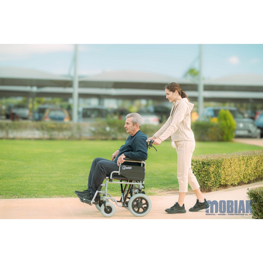 Aναπηρικό Αμαξίδιο Μονής Σταυρωτής Μπάρας Στήριξης GEMINI με Σπαστή Πλάτη, Κάθισμα Πλάτους 40cm & Οπίσθιο Τροχό 12". Ασημί. 0811307.