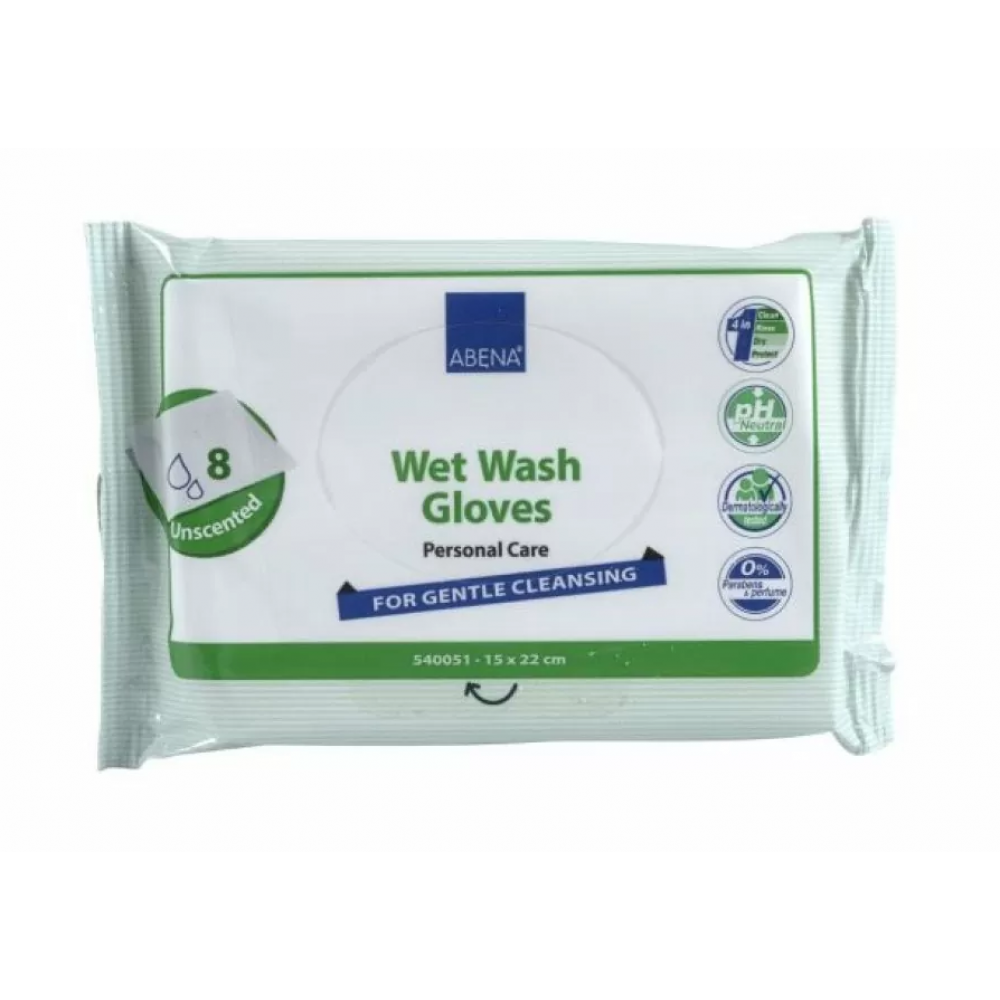 Γάντια Καθαρισμού Abena Wet Wash. Συσκευασία 8 τμχ. για Ολοκληρωμένο Μπάνιο Χωρίς τη Χρήση Νερού. 15x22cm. 
