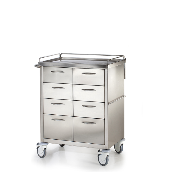Τροχήλατο Τραπέζι Νοσηλείας D-20 Κλειστού Τύπου με Οκτώ Συρτάρια Αποθήκευσης. Ανοξείδωτο. 50x75x100 cm.
