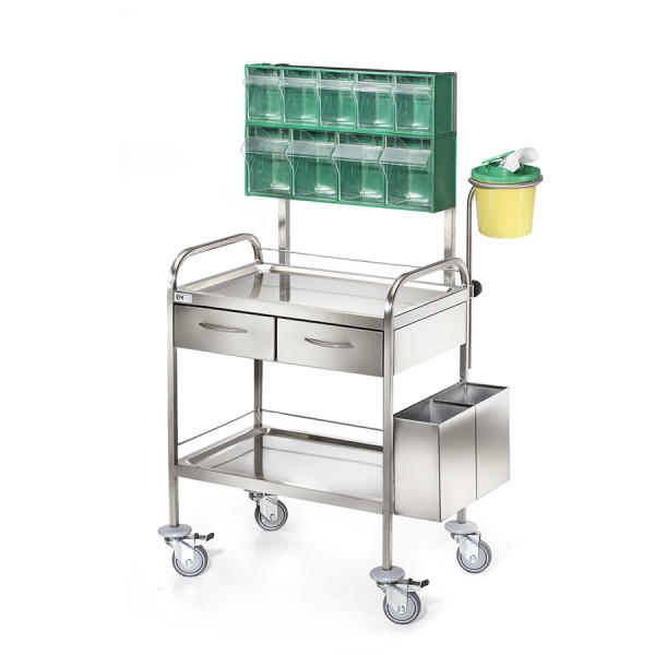 Τροχήλατο Τραπέζι Νοσηλείας D-25 με 2 Ράφια, 2 Συρτάρια, 2 Κάδους Απορριμάτων, Κυτίο Βελόνων & Θέσεις Φαρμάκων. Ανοξείδωτο. 50x70x85 cm. Τροχήλατο Τραπέζι Νοσηλείας D-25 με 2 Ράφια, 2 Συρτάρια, 2 Κάδους Απορριμάτων, Κυτίο Βελόνων & Θέσεις Φαρμάκων. Ανοξείδωτο. 50x70x85 cm.