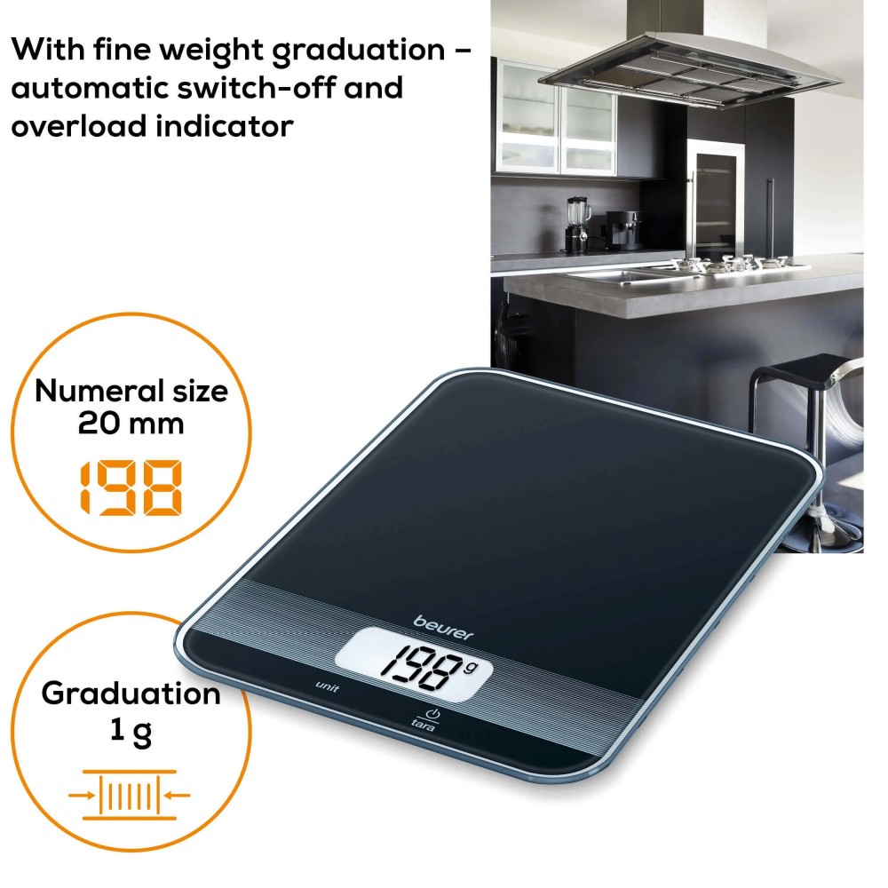 Ζυγαριά Κουζίνας Beurer KS 19 Black. Γυάλινη Επιφάνεια & Λειτουργία Απόβαρου. 5Kg/1gr.