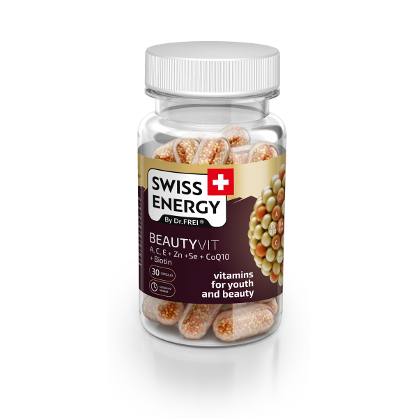 Swiss Energy BEAUTYVIT Βιταμίνες A, C, E, Συνένζυμο Q10, Βιοτίνη για Αντιοξειδωτική Δράση & Ομορφιά. 30 Κάψουλες Βραδείας Αποδέσμευσης. 