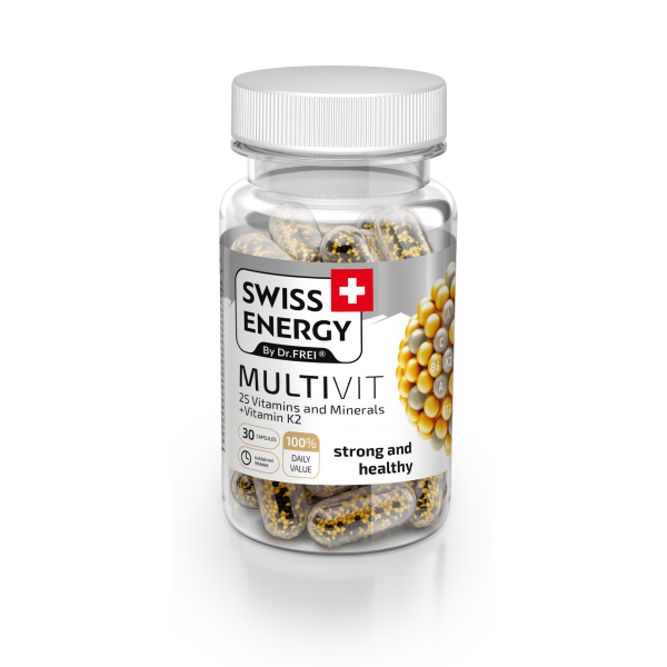 Swiss Energy MULTIVIT 25 Βιταμίνες και Μεταλλικά στοιχεία + Βιταμίνη K2. 30 Κάψουλες Βραδείας Αποδέσμευσης. 