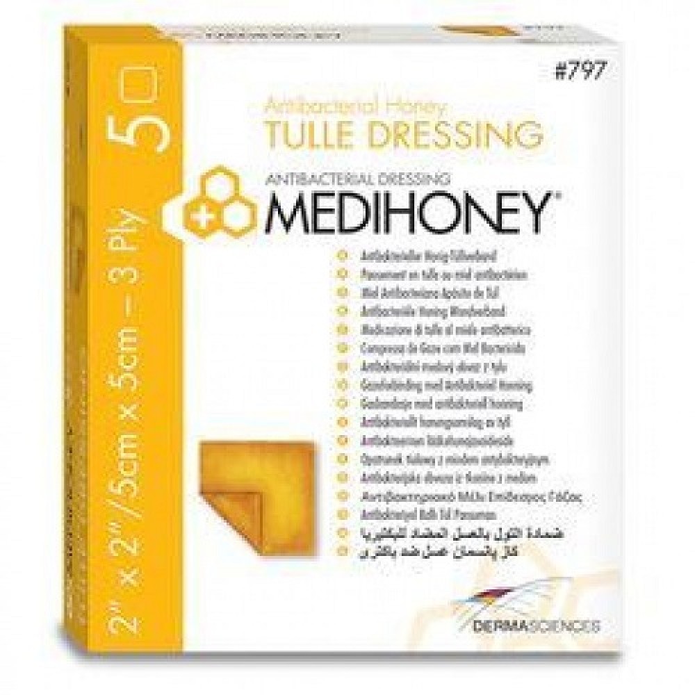 Αντιβακτηριακή Γάζα Επούλωσης Πληγών Medihoney® Tulle Dressing, 3 Φύλλων, 5x5cm. 5Τμχ.MEDIHONEY. 