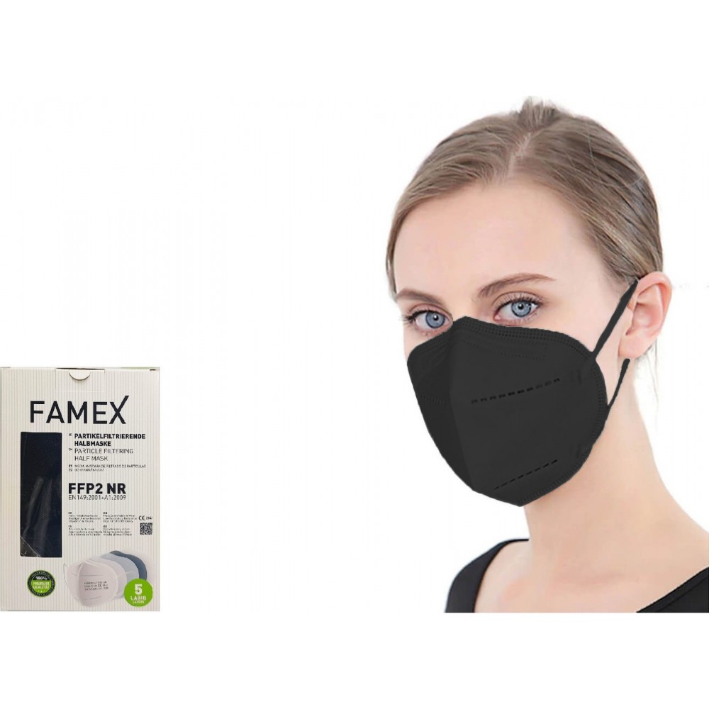 Μάσκα Υψηλής Προστασίας, 5 στρώσεων FAMEX - KN95 / FFP2. Κιβώτιο 1000 Τεμαχίων. Μαύρο. 